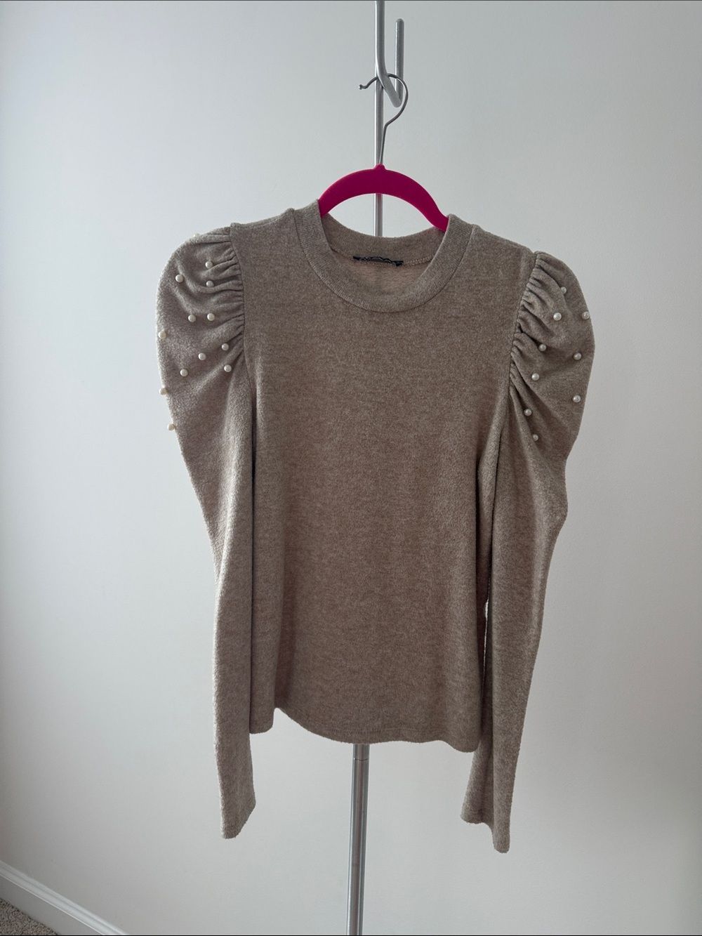 Zara Taupe Pearl-Trim Puff Sleeve Sweater small